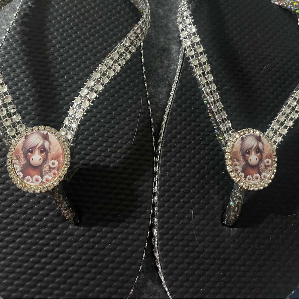 Black and Silver Flip Flops with Rhinestone Straps